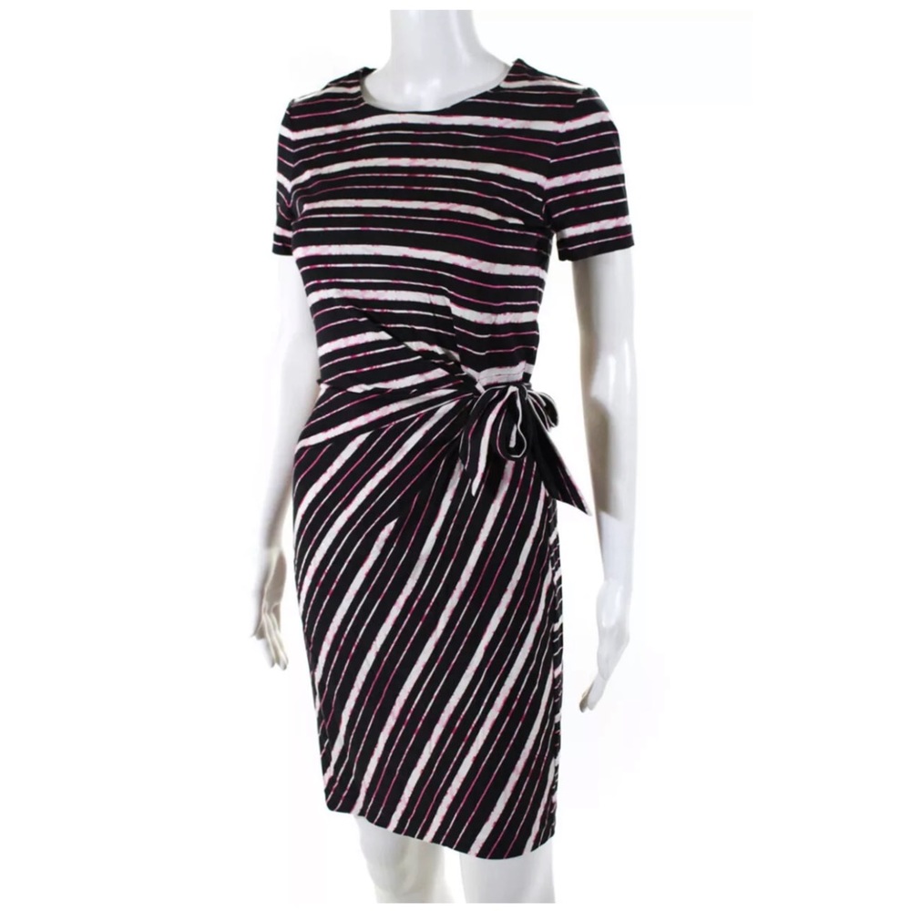 Diane Von Furstenberg 100% Silk Stripe Short Sleeve Dress Pink Black Size 4